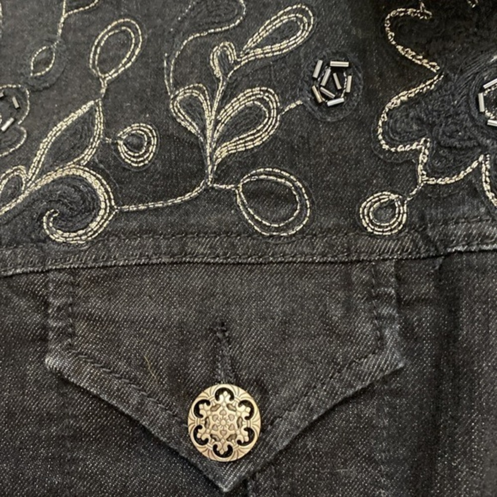 Chicos Platinum Stretchjacket womens 3 black denim button Silver Embroidery 3793 - Picture 5 of 10